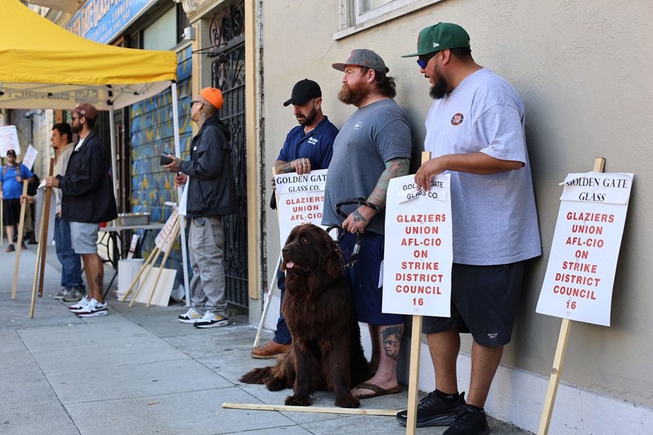 Workers from the Glaziers Union AFL-CIO stand on strike holding signs on a sidewalk. A large dog is also present among the group.