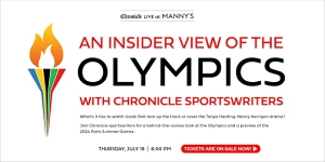 A poster promoting "An Insider View of the Olympics with Chronicle Sportswriters," scheduled for Thursday, July 18 at 6:00 PM, with tickets available for purchase.