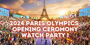 A large crowd gathered for the 2024 Paris Olympics Opening Ceremony watch party, with the Eiffel Tower visible in the background. Text overlay reads, "2024 Paris Olympics Opening Ceremony Watch Party!.