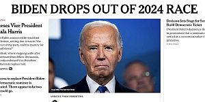News article headline reading "Biden Drops Out of 2024 Race" with a photo of a serious-looking man in the center. Additional text and other headlines surround the image.