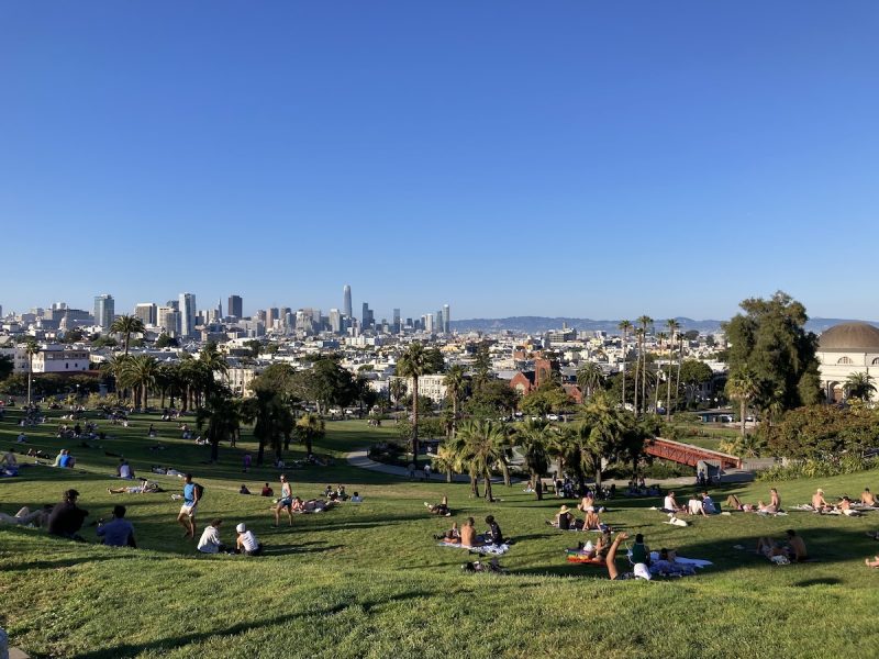 People are lounging on a grassy hillside park with a city skyline and clear blue sky in the background.