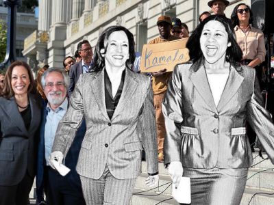 A group of people stands on stairs outside a building, with a "Kamala" sign held by one person. The central focus is on a woman in a suit, laugh-smiling, shown both in color and grayscale.