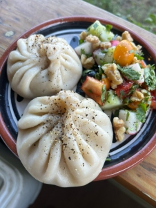 Two steamed dumplings sprinkled with black pepper sit on a plate beside a colorful salad with tomatoes, cucumber, walnuts, and herbs.