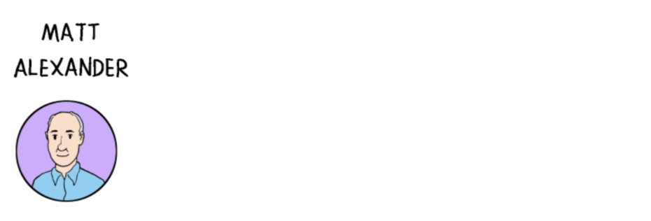 A hand-drawn portrait of a person with short hair and a collared shirt is seen, perhaps a school board member. The text "Matt Alexander" is written above the image. The background is white.