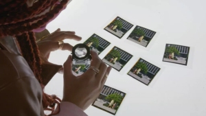 Person with braided hair using a magnifying glass to examine multiple small photographs laid out on a white surface.