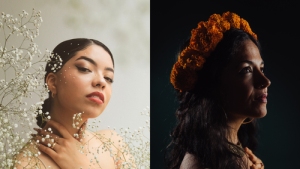 Dual portrait of two women: one with light floral accents gazing forward, and the other wearing a crown of orange flowers looking to the side, set against contrasting light and dark backgrounds.