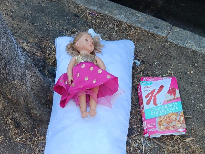 A doll in a pink dress lies on a white pillow on the ground next to an empty Kellogg's Special K Strawberry Cheesecake cereal box.
