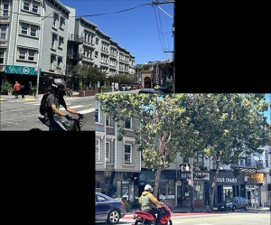 Two images show street scenes in an urban area with people on motorcycles riding along the road. Buildings and trees line the streets under a clear blue sky.
