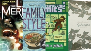 Four book covers are shown from left to right: "The Met," "Family Style," "Super Game Comics," and "Ephemera." Each cover displays unique artwork and titles.