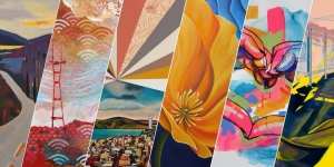 A collage of seven painted artworks, featuring varying themes such as landscapes, abstract patterns, florals, and urban scenes.
