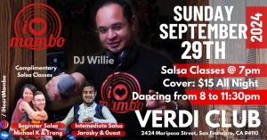 Event poster for a salsa night at Verdi Club featuring DJ Willie on Sunday, September 29th, 2024. Salsa classes at 7 PM. Cover: $15 all night. Dancing from 8 to 11:30 PM. Location: 2424 Mariposa Street, San Francisco, CA.