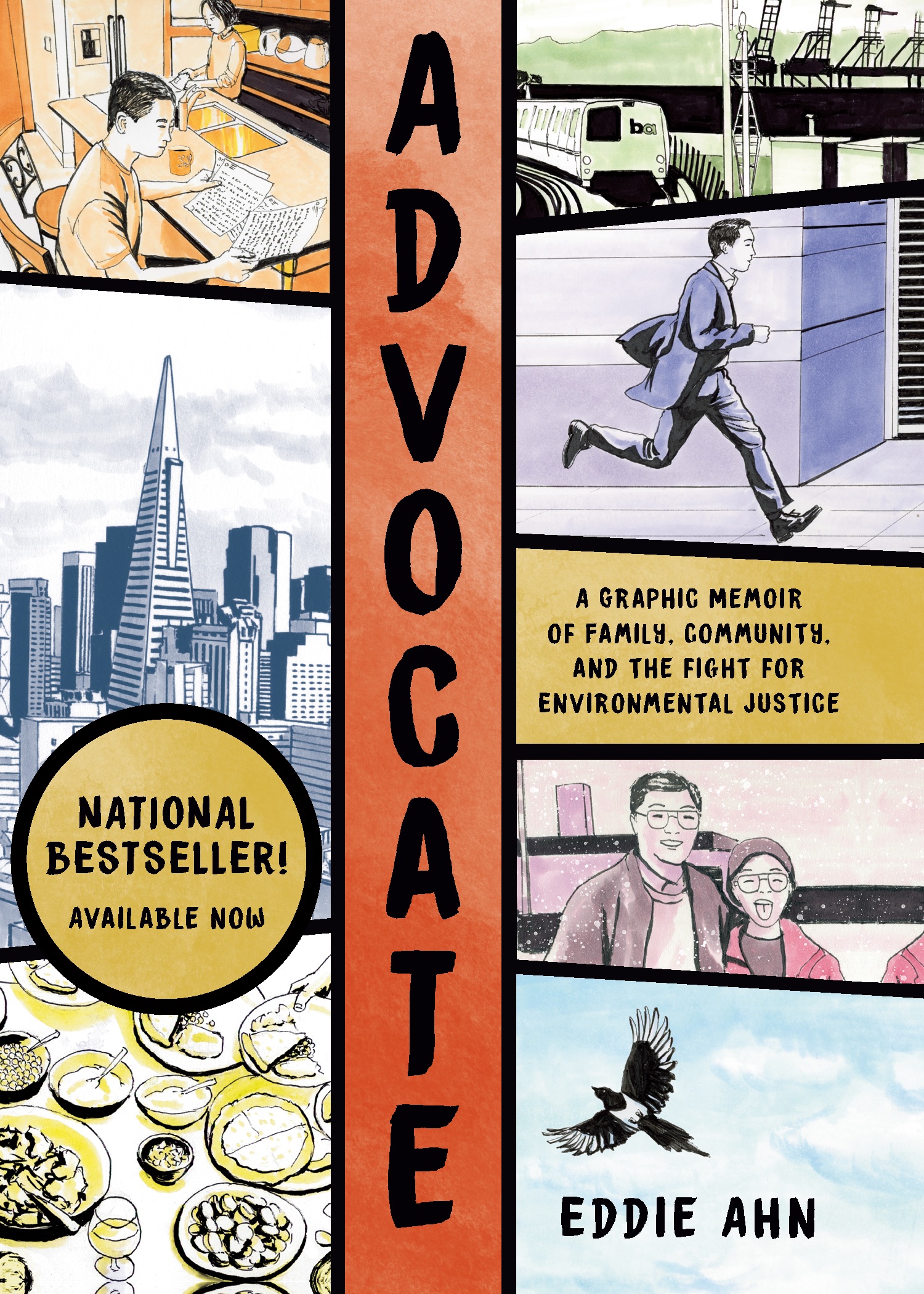 Book cover titled "Advocate" by Eddie Ahn, depicting various illustrated scenes including dining, the city of San Francisco, a person running, family members, and a bird. Text states "National Bestseller! Available now—featured at SF Zine Fest!