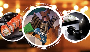 An image featuring a person in traditional Japanese attire flanked by sushi on one side and a set of black sake cups with a bottle on the other, all against a blurred background with circular frames.