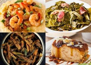A collage of four dishes: shrimp on grits, collard greens with meat, fried okra, and a slice of caramel-topped bread pudding.