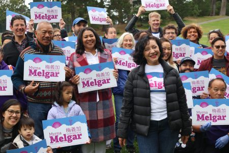 A group of diverse people hold signs reading "Myrna Melgar" enthusiastically while standing together outdoors in a park.