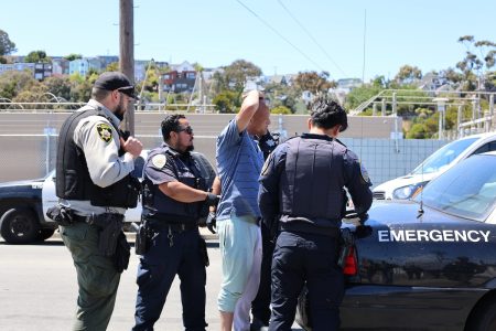 Police officers are sweeping the street, detaining a man next to a marked police car during daytime, with buildings visible in the background.