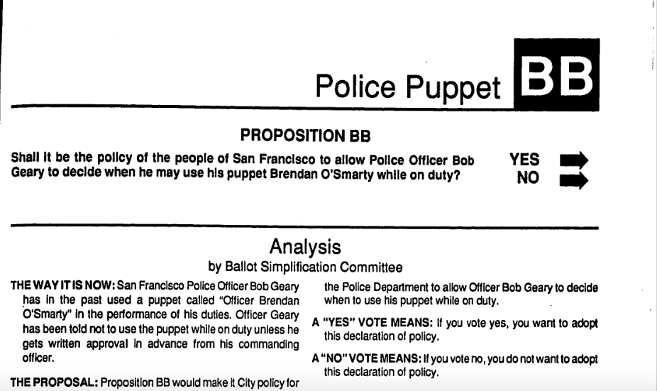 Ballot measure discussing whether police officer Bob Geary may use his puppet, Brendan O'Smarty, while on duty. Options to vote "Yes" or "No" with a detailed ballot analysis provided by the Ballot Simplification Committee.
