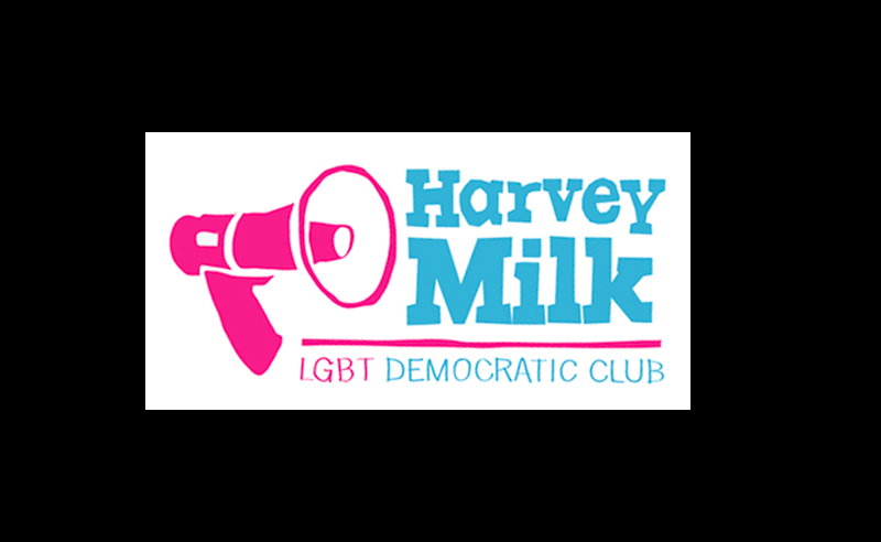 Logo of Harvey Milk LGBT Democratic Club featuring a pink megaphone and blue text.