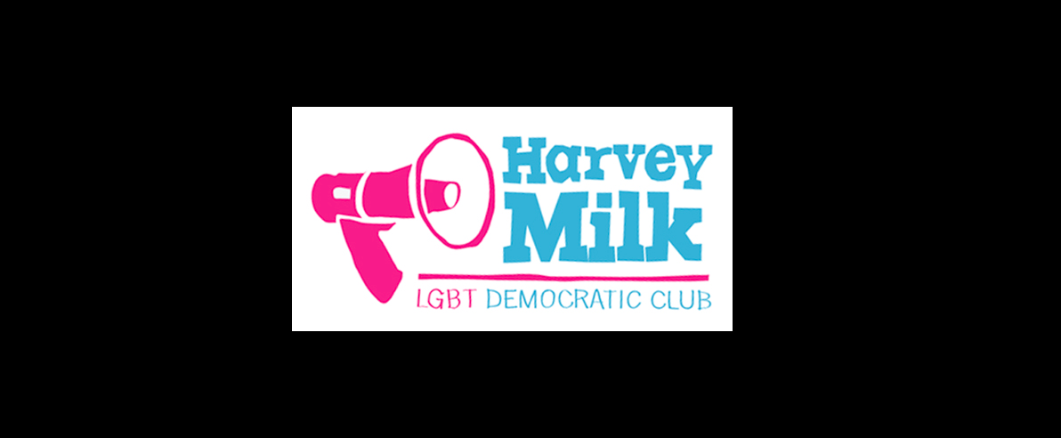Logo of Harvey Milk LGBT Democratic Club featuring a pink megaphone and blue text.
