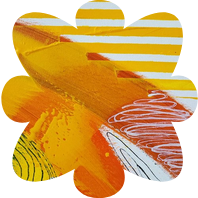 Abstract flower-shaped artwork with a mix of yellow, orange, and white colors featuring stripes, swirls, and dynamic brush strokes.