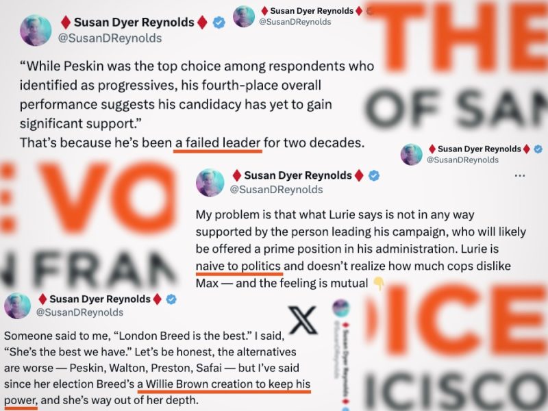A collage of specific highlighted tweets by user @SusanDReynolds criticizing political figures and expressing opinions on leadership and political strategies in San Francisco.