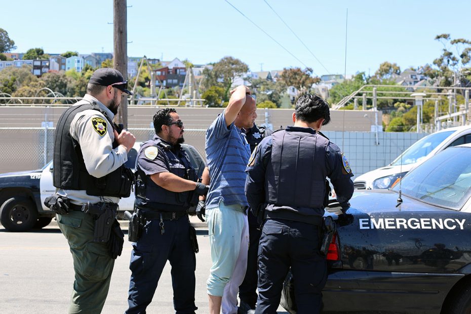 Police officers detain a man next to a police car on a sunny street, with houses in the background, as they conduct a sweep of the neighborhood.