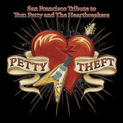 Illustration of a red heart with a guitar, flanked by ribbon banners reading "Petty Theft," with the text above saying "San Francisco Tribute to Tom Petty and The Heartbreakers.