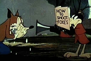 A cartoon character points a blunderbuss at a crying fox, while holding a book titled "How to Shoot Foxes.