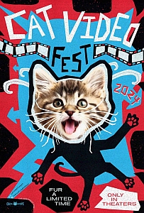 Poster for "Cat Video Fest 2024," featuring a cheerful cat with an open mouth against a vibrant red and blue background with filmstrip graphics. Text reads, "For a limited time - Only in theaters.