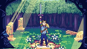 Pixel art of a person standing on a pedestal in a forest, holding a sword raised in the air, with sunlight streaming through the trees.