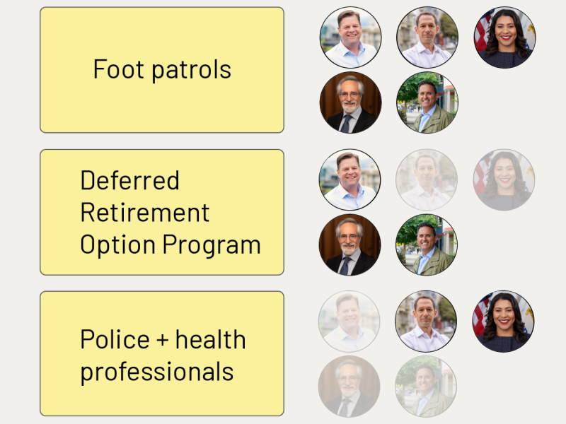 Diagram with three options: Foot Patrols, Deferred Retirement Option Program, and Police + Health Professionals. Each row shows photos of individuals associated with these options.