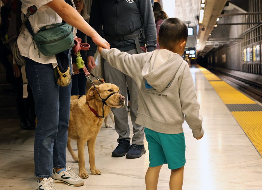 A child holds hands with an adult, who is holding the leash of a dog, at a subway platform.