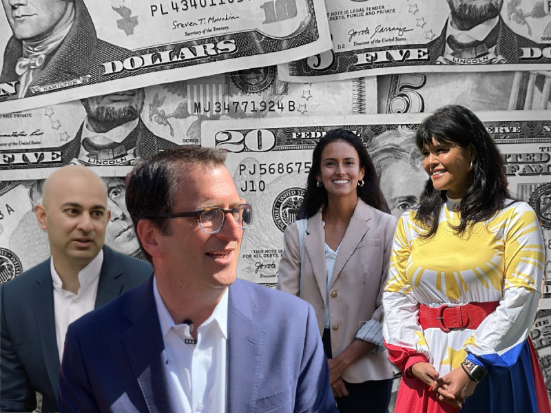 Four people are pictured in front of a background of various U.S. dollar bills. They are dressed in business and casual attire, engaging with each other.