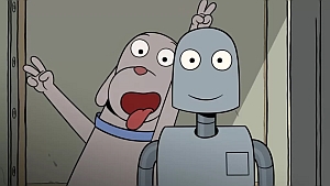 A cartoon dog and a robot stand side by side. The dog is making a playful face and giving the robot bunny ears with its paws.