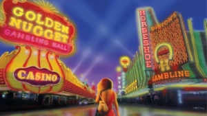A person stands in a brightly lit street at night with neon signs for Golden Nugget Gambling Hall and Binion's Horseshoe Casino.