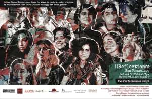 A collage of various people with text overlay promoting "11 Reflections: San Francisco." The event is on October 4 and 5, 2023, at 7 pm at Brava Theatre Center. The poster includes multiple collaborators' logos.