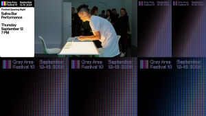 A person performs at a lit table with several onlookers in the background. Text on the left reads "Festival Opening Night: Saliva Bar Performance, Thursday September 12, 7 PM.