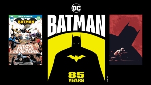 Three Batman-themed images commemorate the 85th anniversary of Batman in 2024. The left image shows a colorful comic cover, the center a yellow-and-black Batman logo, and the right a dark silhouette.