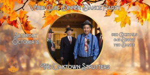 Image promoting "Verdi Club Dinner & Dance Party" on Saturday, October 12. "The Oaktown Strutters" will perform. The background has autumn leaves and four people are pictured, with one person highlighted.