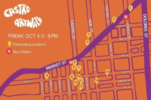 Map of the Castro Art Walk for Friday, Oct 4, 5-8 PM, showing participating locations along Market St and Castro St, with landmarks such as Dolores St and Muni stations marked.