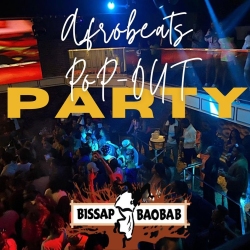 Image of a crowded Afrobeats party at Bissap Baobab with people dancing and socializing under colorful lights. Text on the image reads: "Afrobeats Pop-Out Party" and "Bissap Baobab.
