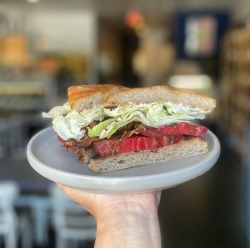A hand holding a plate with a sandwich containing bacon, lettuce, and tomato, set against a blurred indoor background.