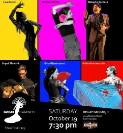 Promotional poster for a flamenco event featuring Lea Kobeli, Lauren Smiley, Roberto Zamora, Gopal Slavonic, Gina Giammanco, and Krista Kobusoncio. The event is on Saturday, October 19 at 7:30 pm.