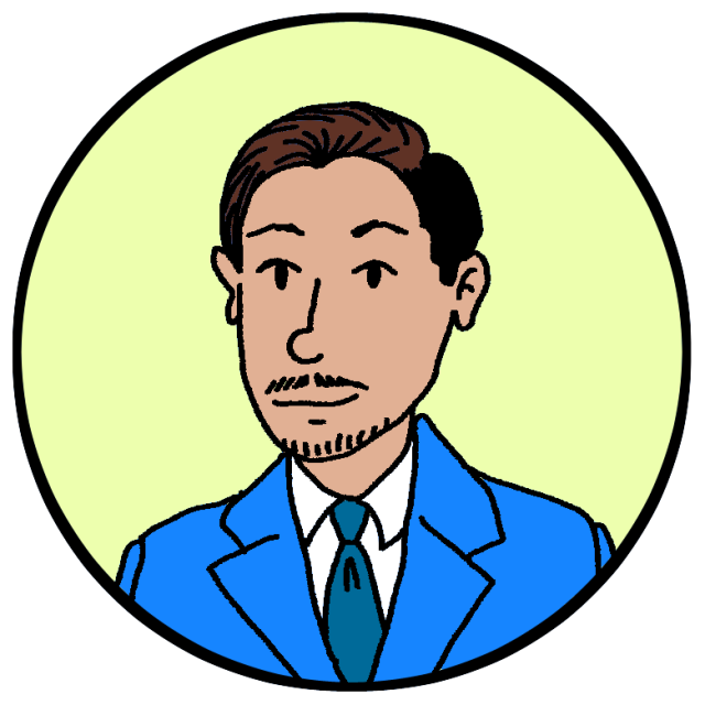 Illustration of a man with short hair, a goatee, and a blue suit jacket, inside a circular frame with a light green background.