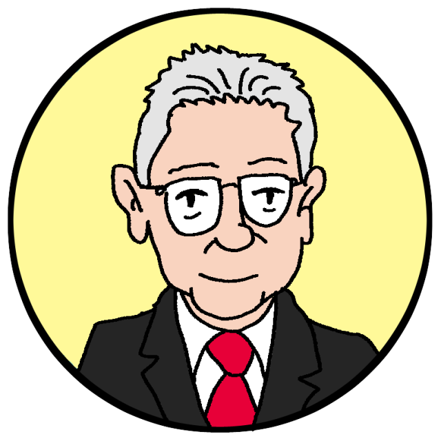 Illustration of an older man with gray hair and glasses, dressed in a black suit with a red tie, against a yellow background.