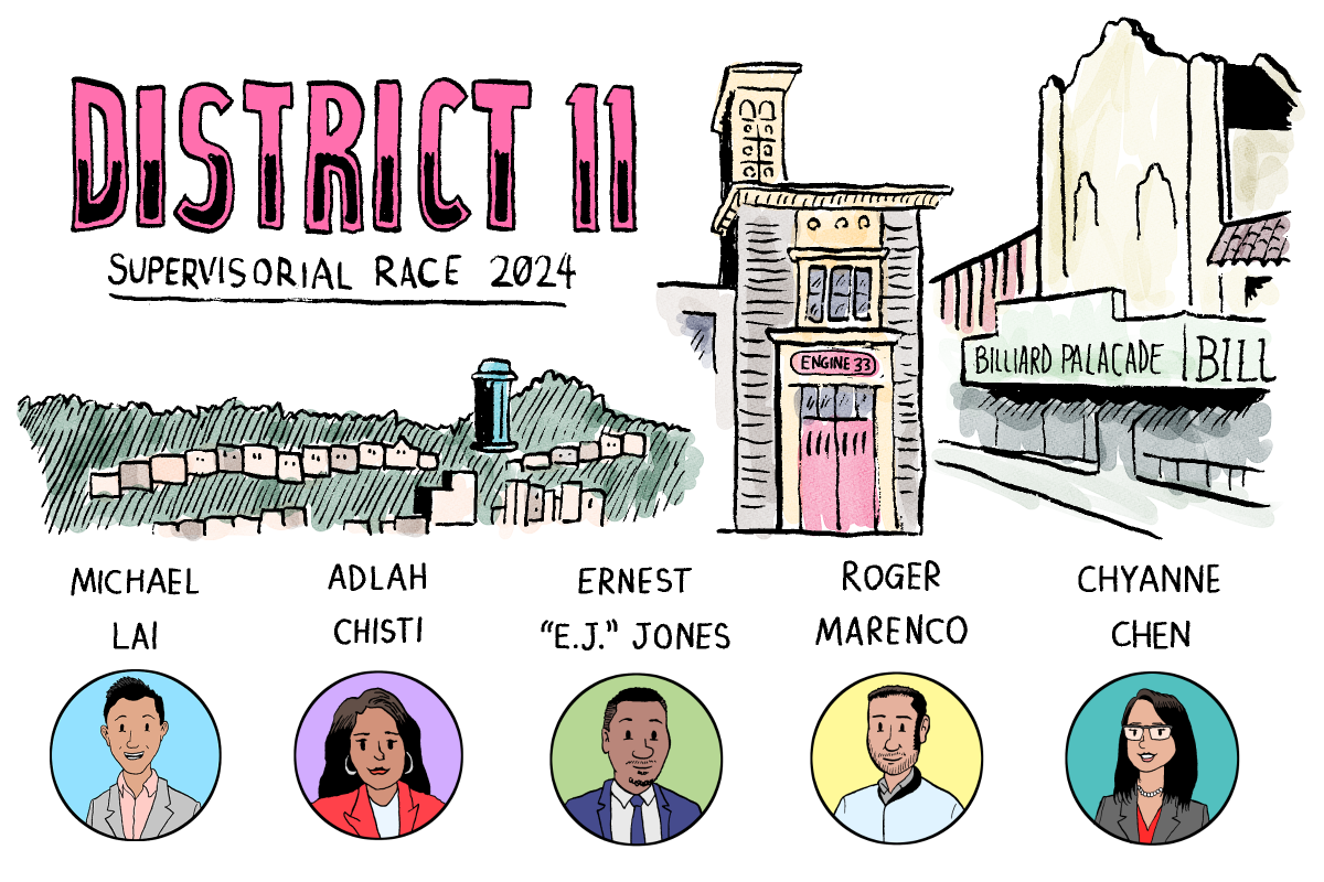 2024年第11選區市參事候選人的素描畫像，從左至右分別是：Michael Lai、Adlah Chisti、Ernest "E.J." Jones、Roger Marenco和Chyanne Chen。