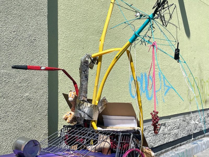 A colorful abstract sculpture made from repurposed materials including pipes, wires, and a shopping cart is placed against a green wall. The sculpture is adorned with various decorations, including a bunch of fake grapes.
