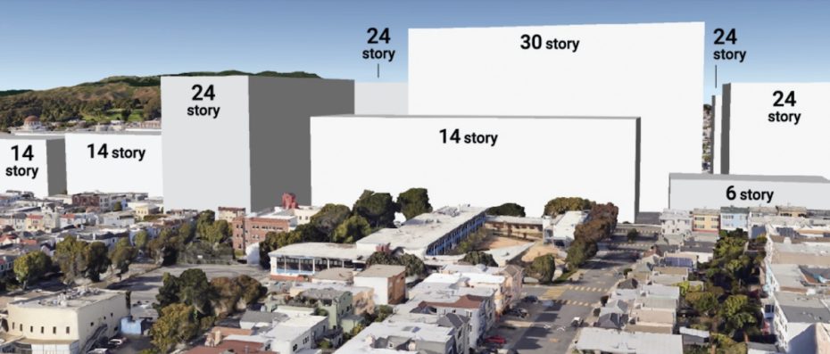 一張從空中俯瞰的社區照片，顯示了多座建築物，其中標註了未來開發項目的預測高度，從6層到30層不等。