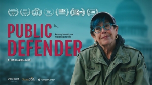A person in glasses and a jacket stands next to text reading "Public Defender," with several film festival laurels above and a background featuring the U.S. Capitol building.