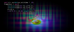 A computer-generated image displaying colorful, abstract patterns and mathematical programming code on the left side.